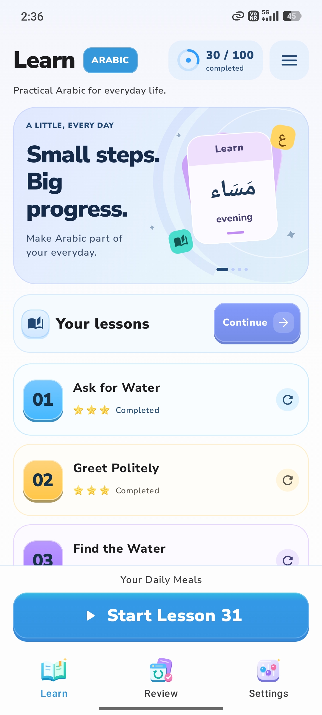 Learn Arabic A1 app showing colorful lessons and learning progress